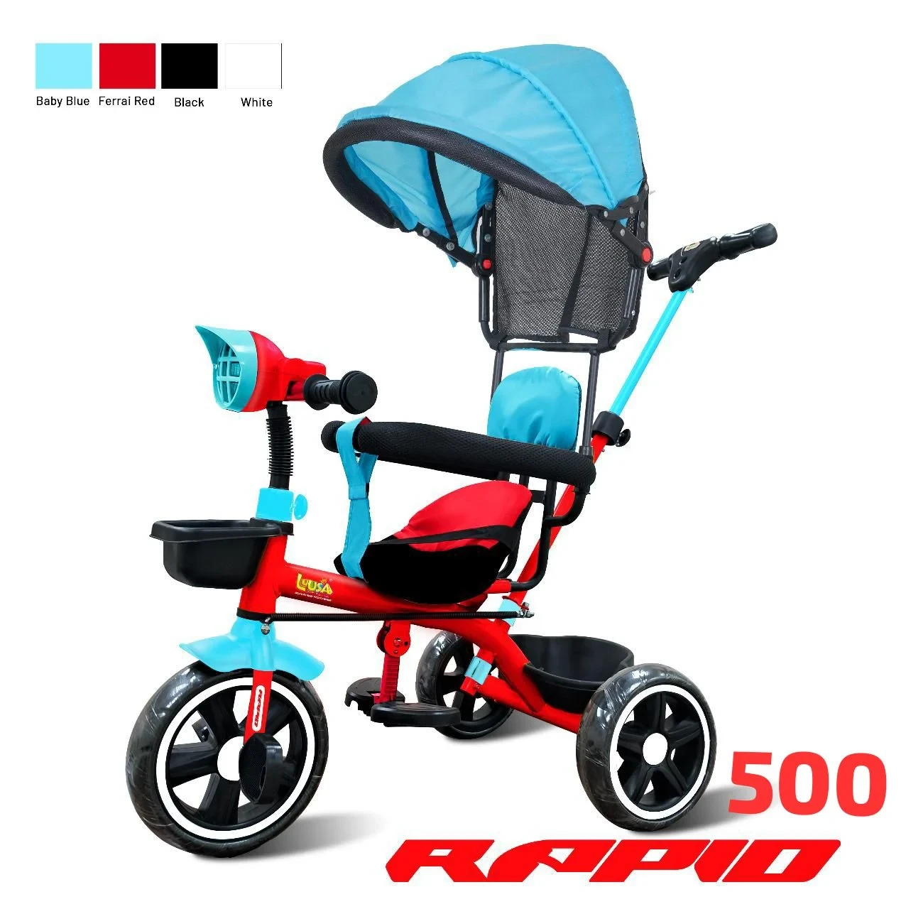 Luusa Rapid 500 Musical Tricycle – Parental Control, Safety Belt, Foam Cushion Seat, Musical Ride for Kids 2+ Years