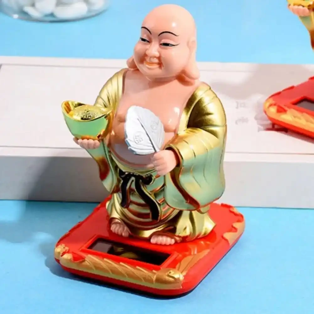 Solar Powered Laughing Buddha Feng Shui Showpiece – Gold, 10cm | Positive Energy, Money Luck & Prosperity Decor