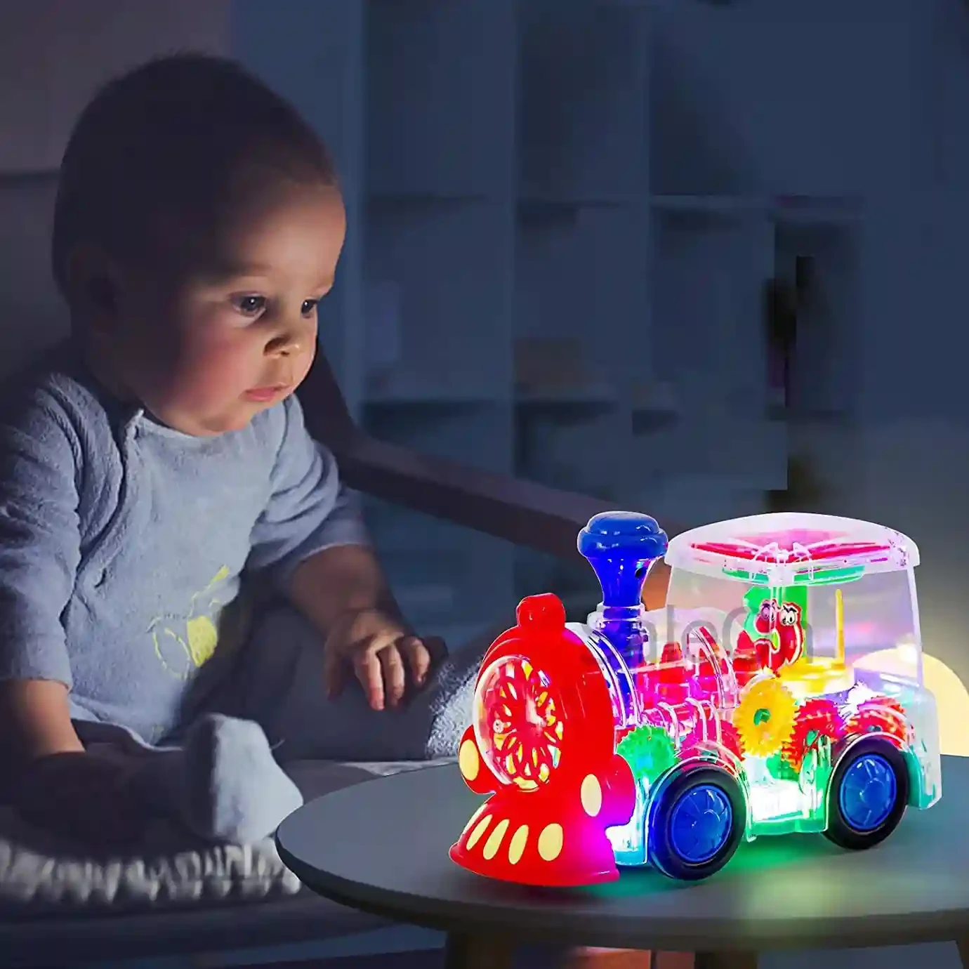 Transparent 360° Gear Train Toy with Light & Sound – Automatic Rotating Mechanical Learning Toy for Toddlers