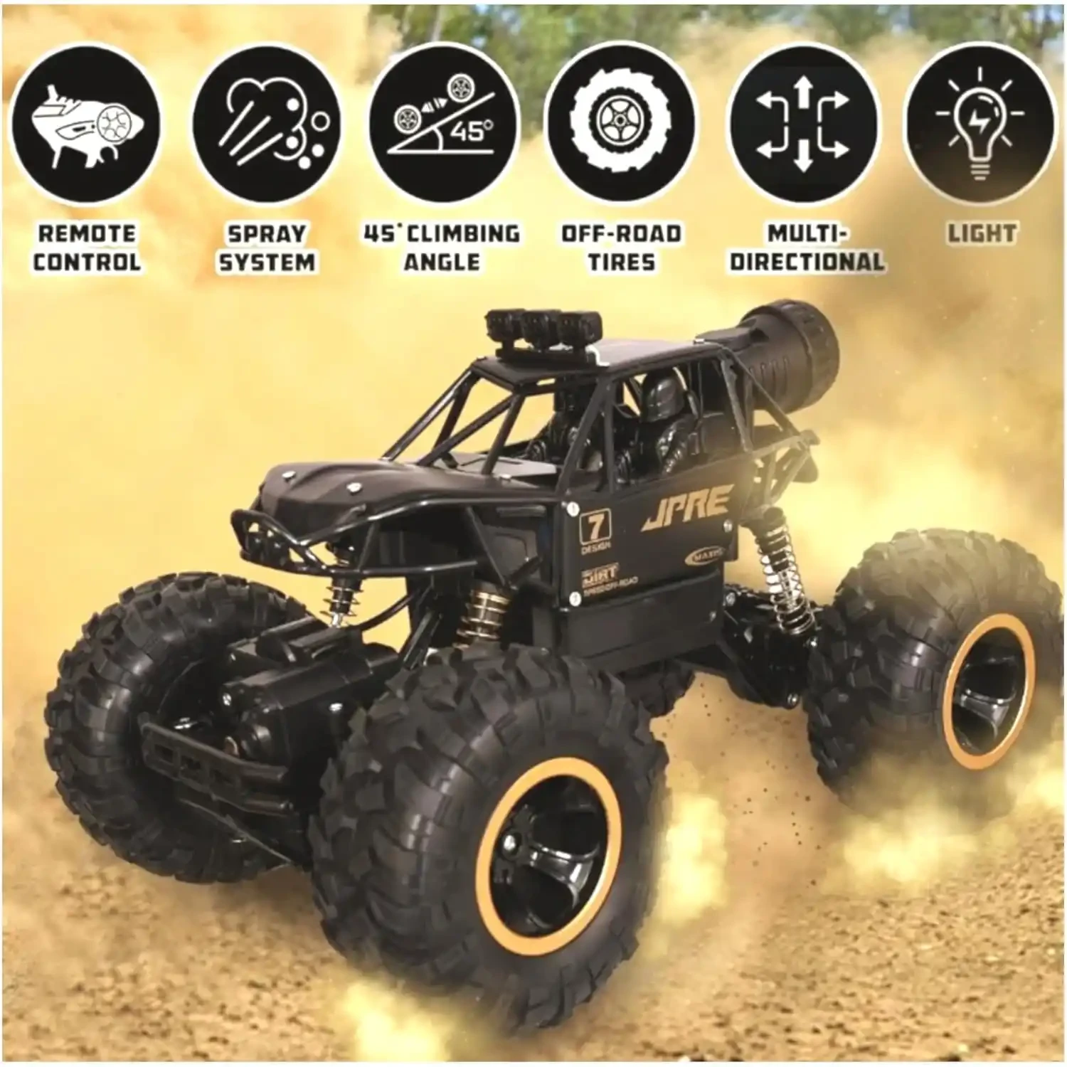 Big Size 4x4 RC Rock Crawler Car with Mist Spray, LED Headlights & Rechargeable Type-C Battery – 4WD Off-Road Toy