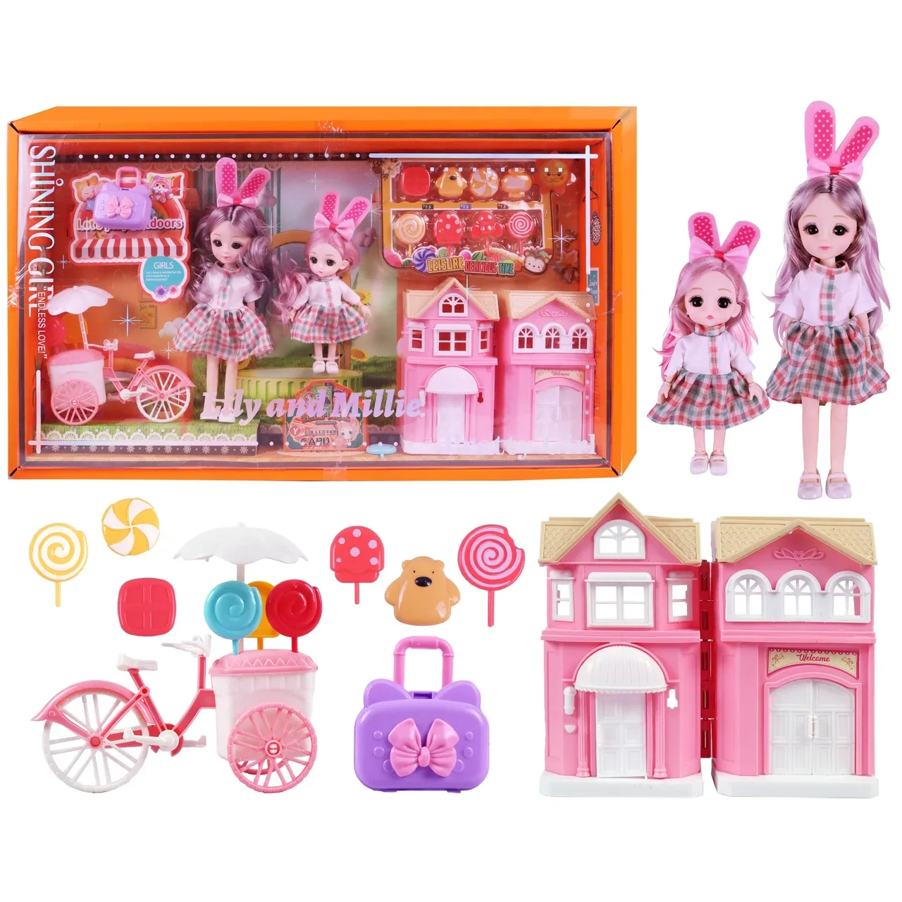 Big Size Lilly Mille Doll & Candy Cart Playset – 50+ Accessories for Imaginative Roleplay (3+ Years)