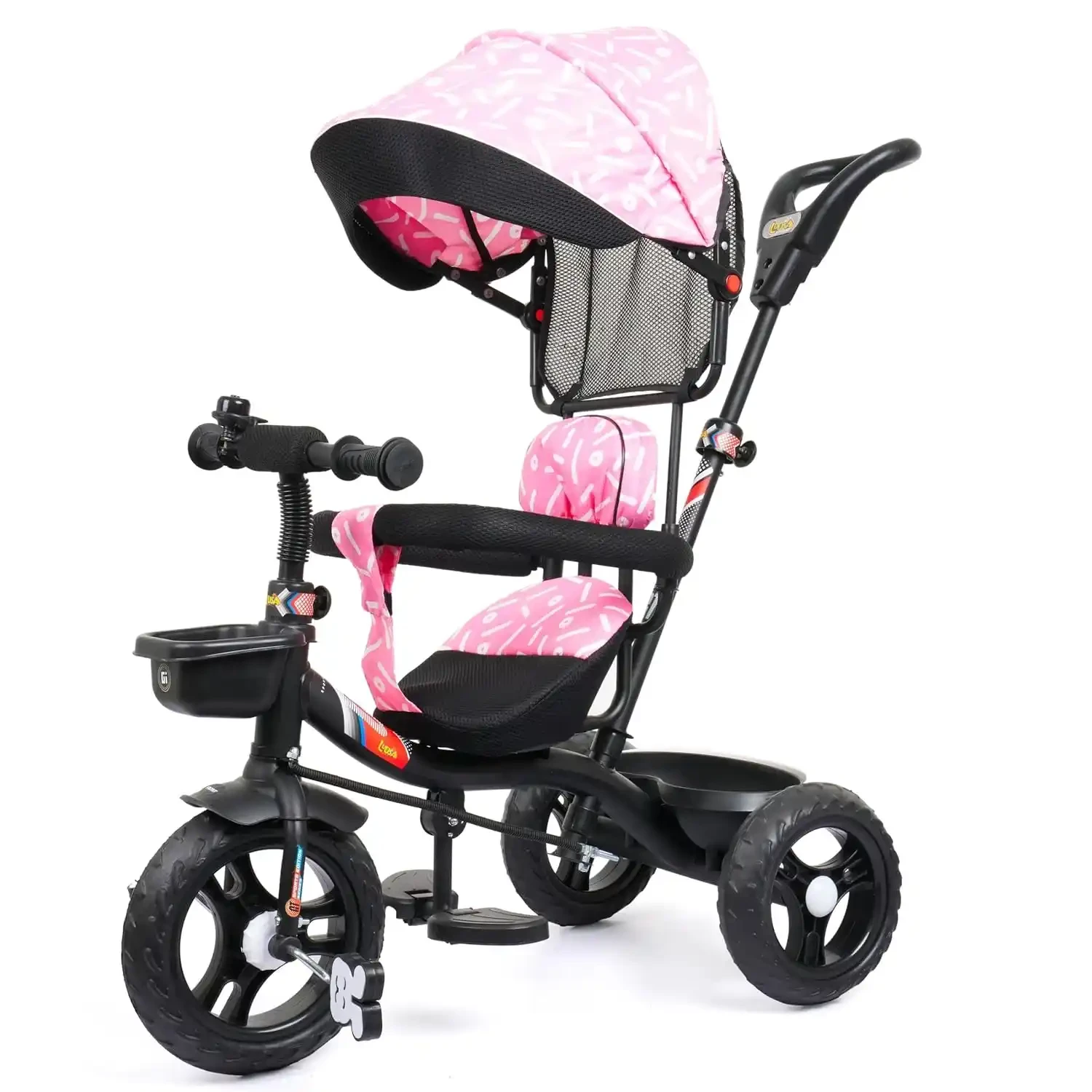 Luusa GT-500 Kids Tricycle with Adjustable Parental Control Handle, Safety Belt & Guard, Cushion Seat, Storage Basket, Age 1-5 Years
