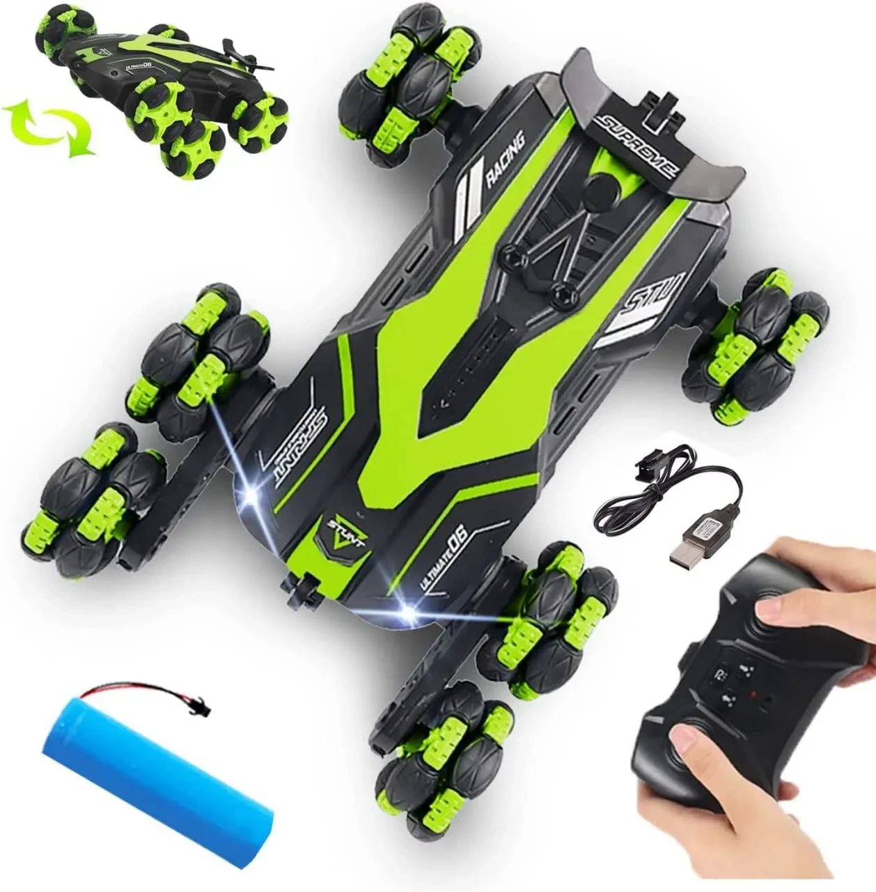 Laser 6-Wheel RC Stunt Car – 360° Rotations, LED & Spray Effects