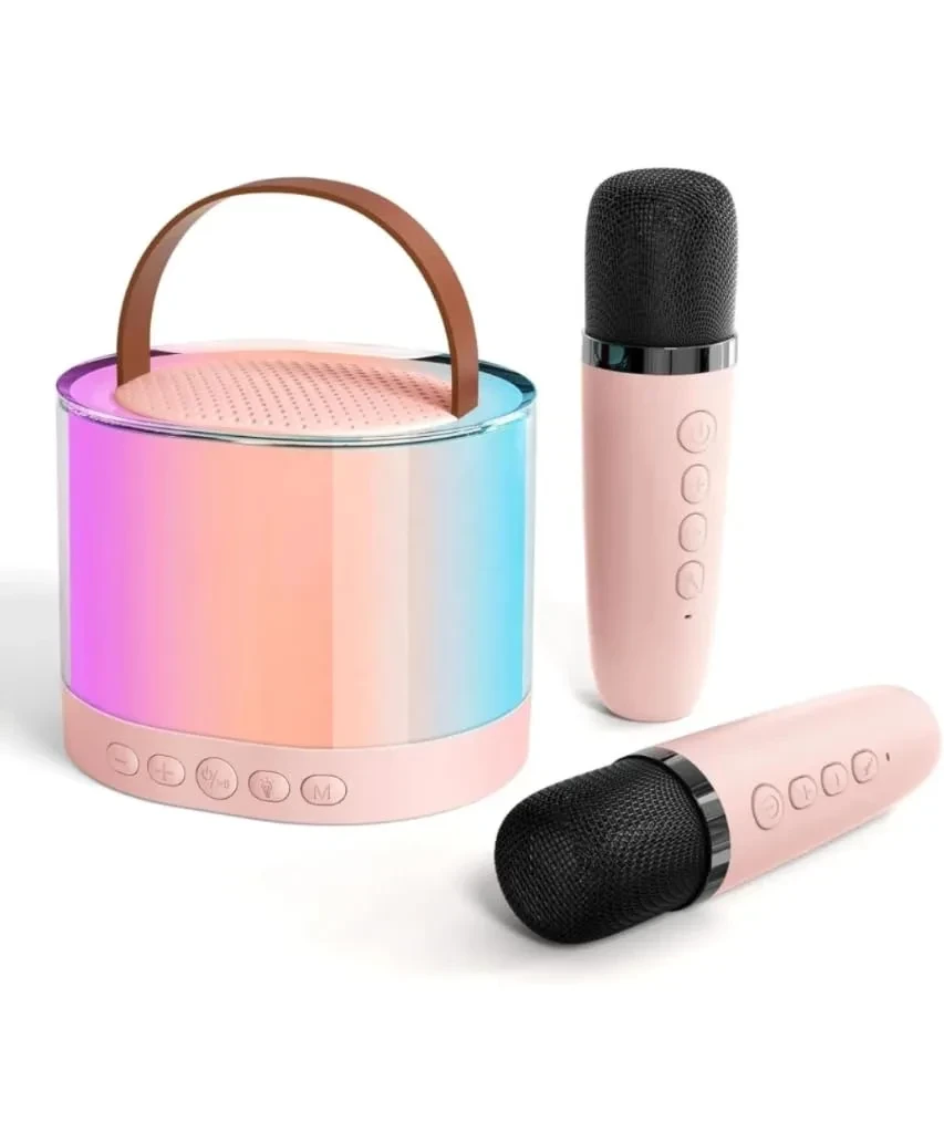 Mini Karaoke Machine with Dual Wireless Microphones – Portable Bluetooth Speaker, LED Lights, Rechargeable Battery, Ideal for Kids' Parties and Family Entertainment