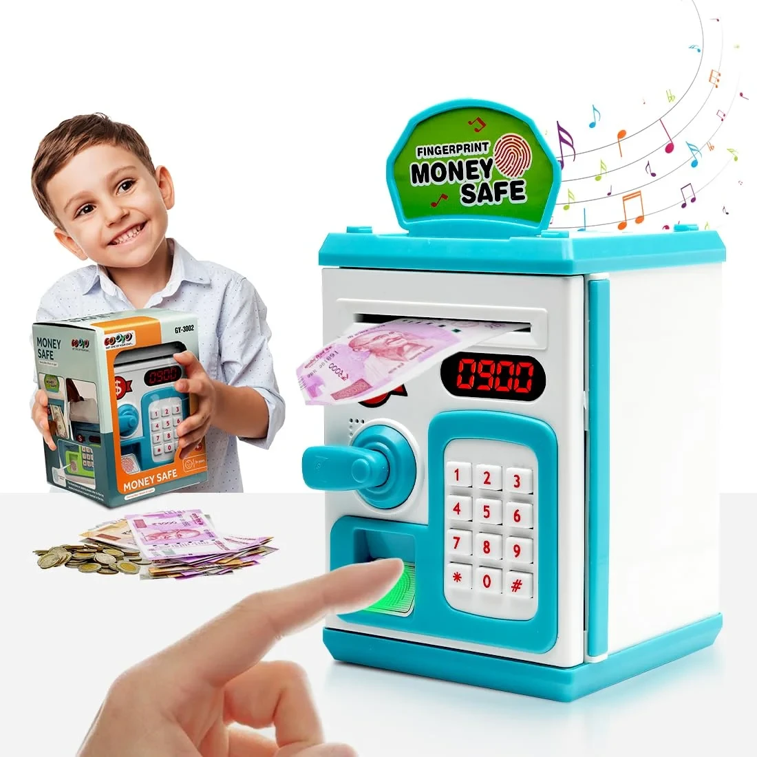 Advanced ATM Piggy Bank Safe with Fingerprint & Password – Coin & Note Intake with LED Sounds