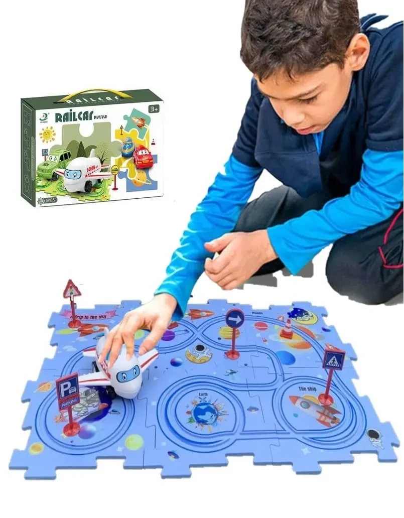 Railcar Puzzle Track Set – Electric Puzzle Track with Vehicle & Road Signs for Kids
